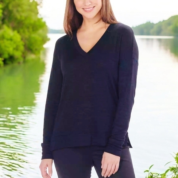 Women’s Pullover Kirkland Sweater V-Neck Side Slits Blue Sweater Long Sleeve Top - Picture 1 of 6
